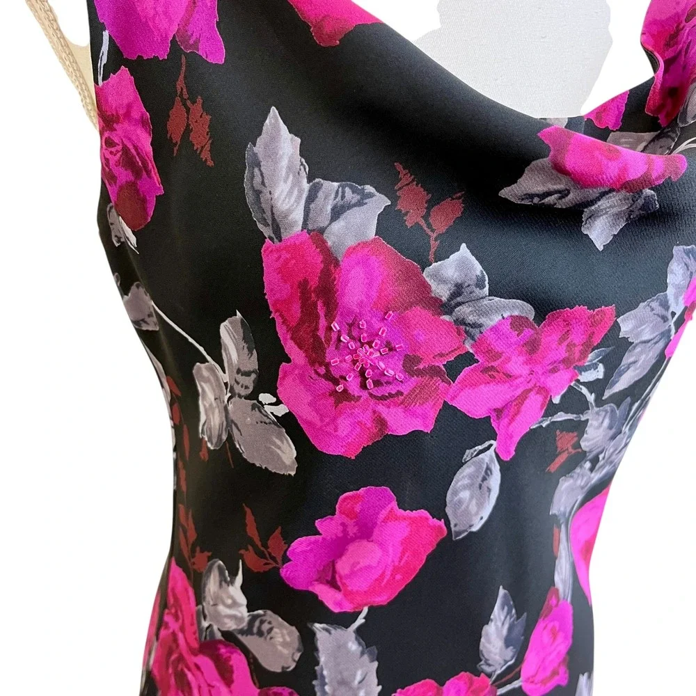 NEW YORK COMPANY Y2K 90s Black‎ Floral Midi Slip Dress Cowl 6 Beaded Phoebe
